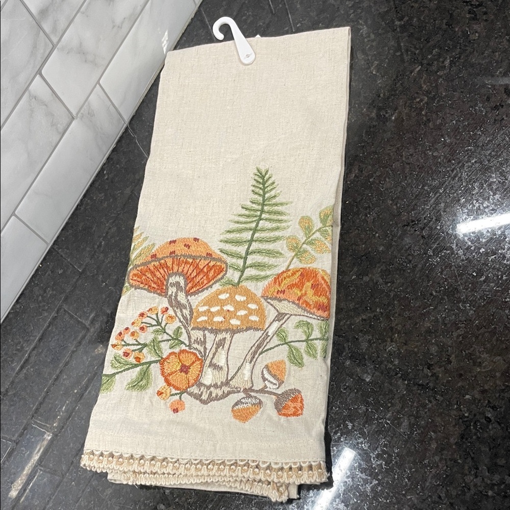 World Market Embroidered Cotton/Linen Mushroom Tea Towel